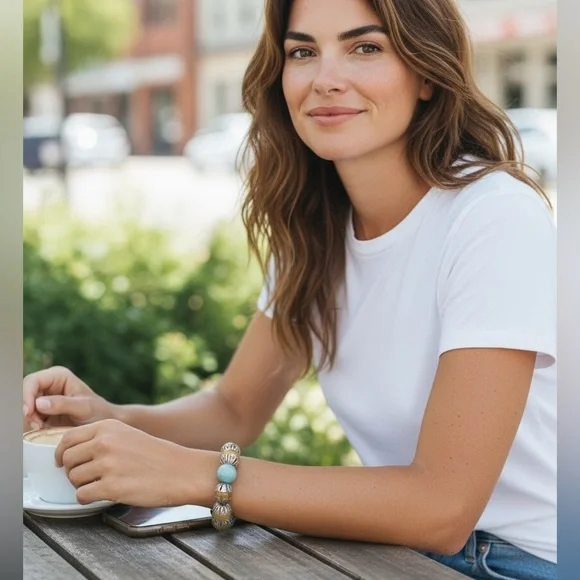 Erica Lyons Gold and Teal Beaded Bracelet - Picture 3 of 4